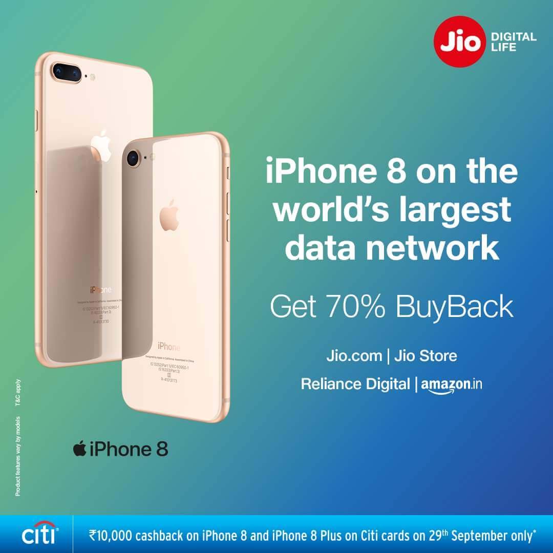 Reliance Jio Apple iPhone 8 and 8 plus offer 70 cashback city bank