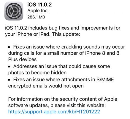 ios 11.0.2 with 3 bug fix released